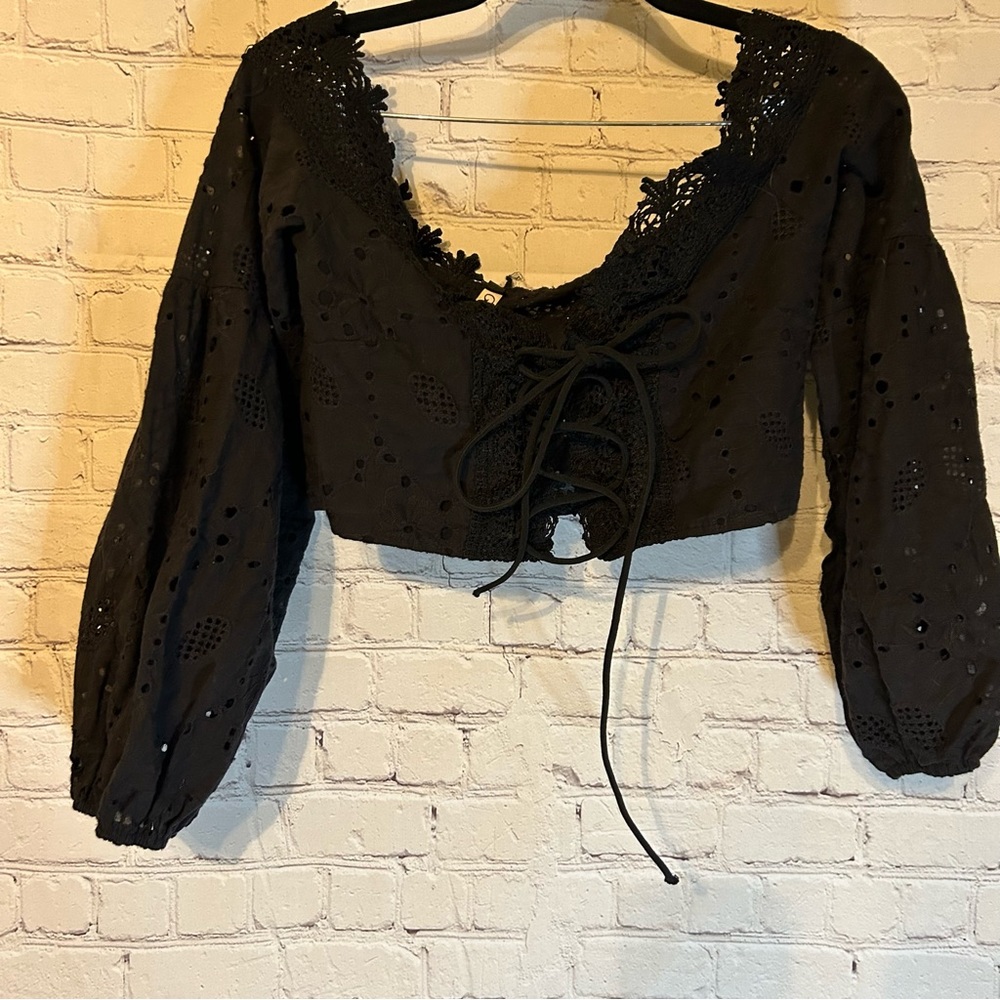NWT Golden Days Paris black eyelet crop top, M